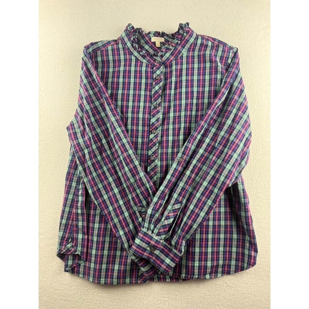 Talbots Petites Ruffle Collar Plaid Button Downβ Shirt Purple Teal XLP Cotton